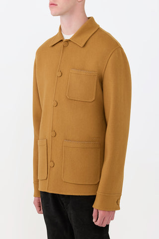 Yellow Ochre Cashmere Ulu Chore Jacket - On Model Side Profile, Artisanal Blanket Stitch | Gabriela Hearst