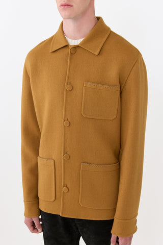 Yellow Ochre Cashmere Ulu Chore Jacket - On Model Three-Quarter, Blanket Stitch Pocket Detail | Gabriela Hearst