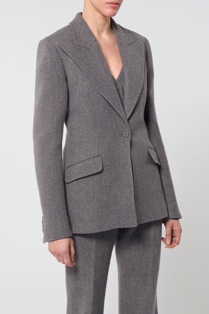 Leiva Blazer in Dark Grey Multi Cashmere Virgin Wool Herringbone