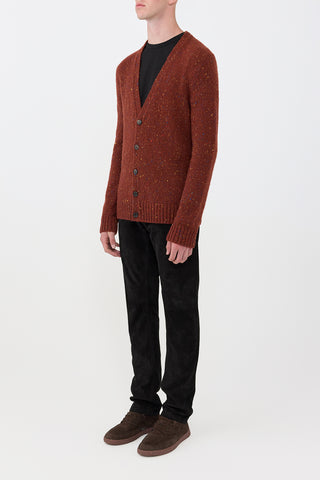 Burnt Sienna Speckled Cashmere Ailis Cardigan - Three-Quarter Side View On Model | Gabriela Hearst