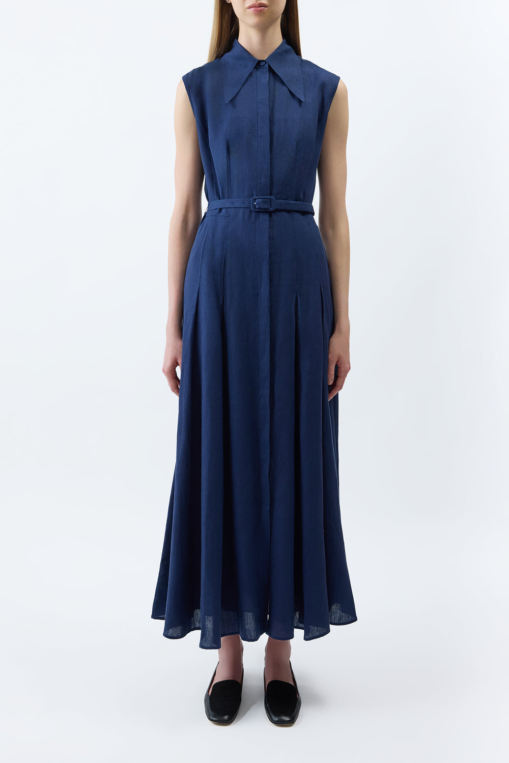 Durand Pleated Maxi Shirtdress in Electric Navy Aloe Linen