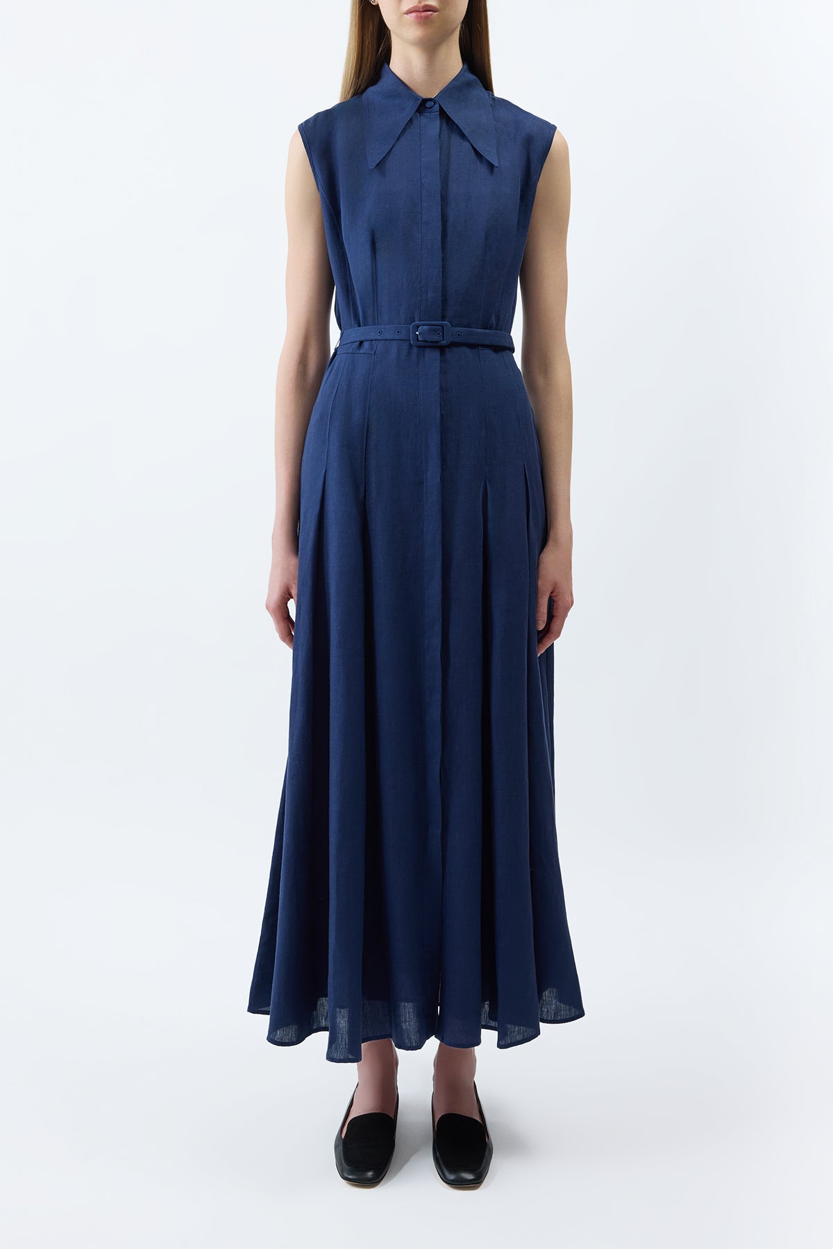 Durand Pleated Maxi Shirtdress in Electric Navy Aloe Linen