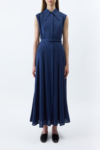 Durand Pleated Maxi Shirtdress in Electric Navy Aloe Linen