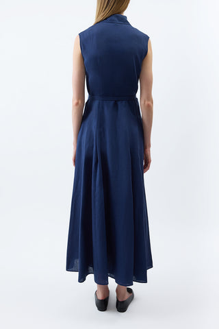 Electric Navy Aloe Linen Durand Maxi Shirtdress - Back View On Model | Gabriela Hearst