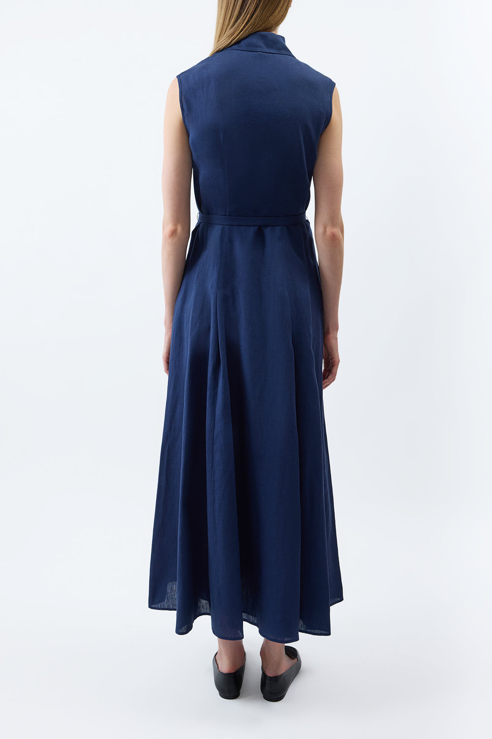 Durand Pleated Maxi Shirtdress in Electric Navy Aloe Linen