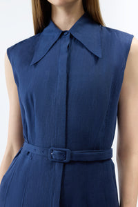 Durand Pleated Maxi Shirtdress in Electric Navy Aloe Linen