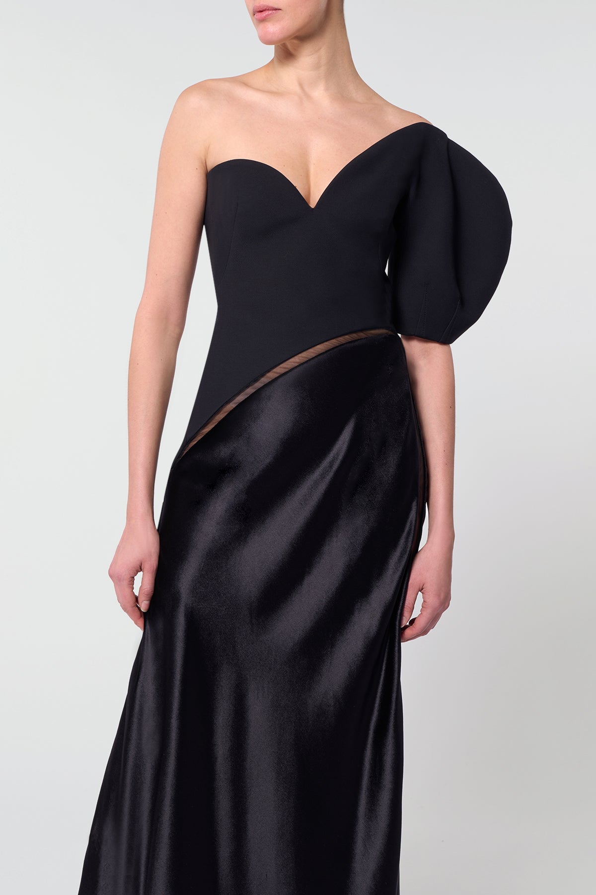 Giulia Maxi Dress in Black Wool Silk Cady & Silk Velvet