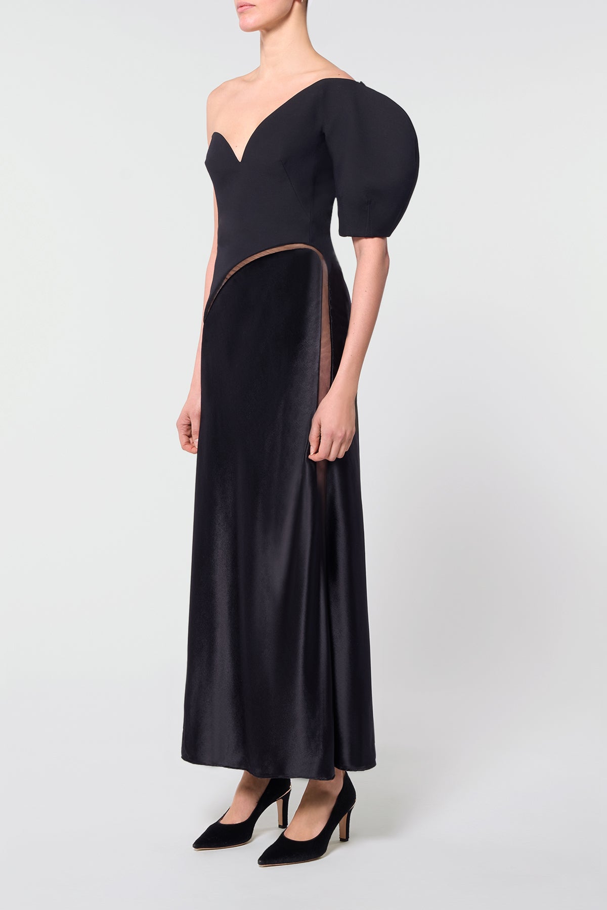 Giulia Dress in Black Wool Silk Cady & Silk Velvet