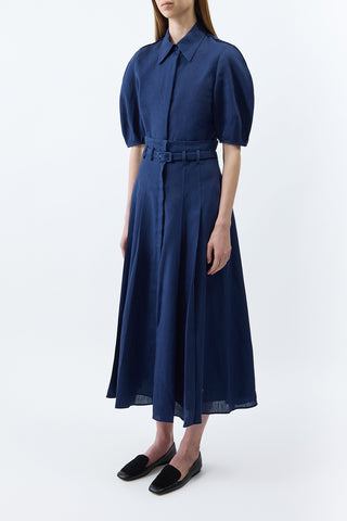 Navy Linen Dugald Pleated Midi Skirt - Side View | Gabriela Hearst