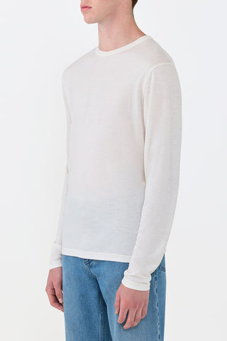Ivory Cashmere Long Sleeve Crewneck T-Shirt On Model - Side Profile View | Gabriela Hearst