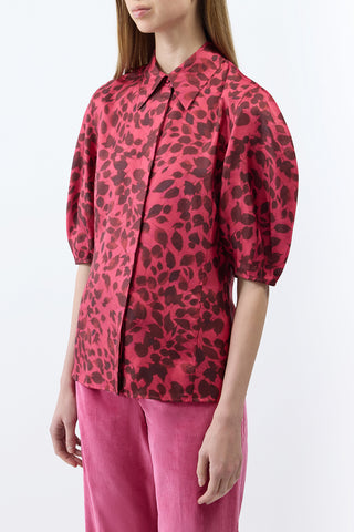 Fuchsia Printed Silk Blouse - Side Profile On Model | Gabriela Hearst