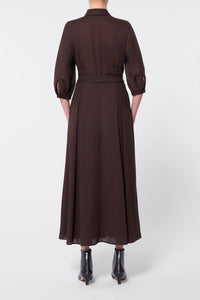 Andy Pleated Maxi Shirtdress in Chocolate Virgin Wool