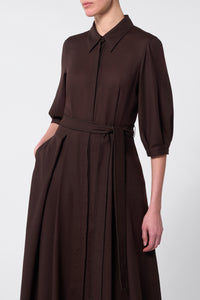 Andy Pleated Maxi Shirtdress in Chocolate Virgin Wool