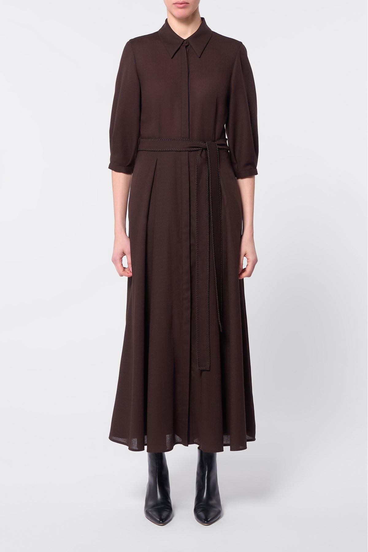 Andy Pleated Shirtdress in Chocolate Virgin Wool