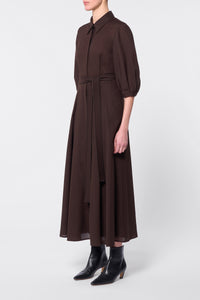 Andy Pleated Maxi Shirtdress in Chocolate Virgin Wool