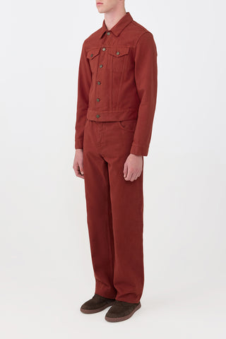 Burnt Sienna Recycled Denim Barry Trucker Jacket Complete Look - Side Profile | Gabriela Hearst