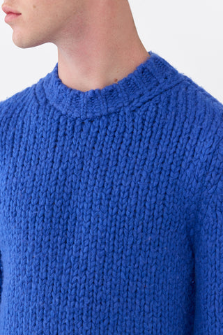 Cobalt Cashmere Lawrence Sweater Crew Neckline Close-Up, Handknit Texture Detail | Gabriela Hearst