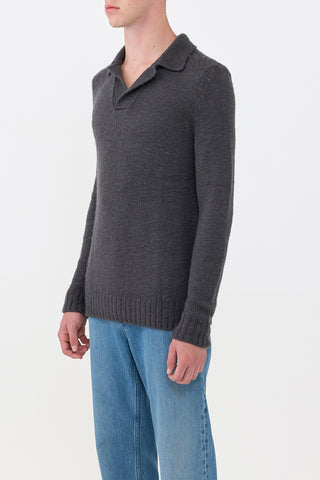 Charcoal Cashmere Aled Polo - Side Profile On Model | Gabriela Hearst