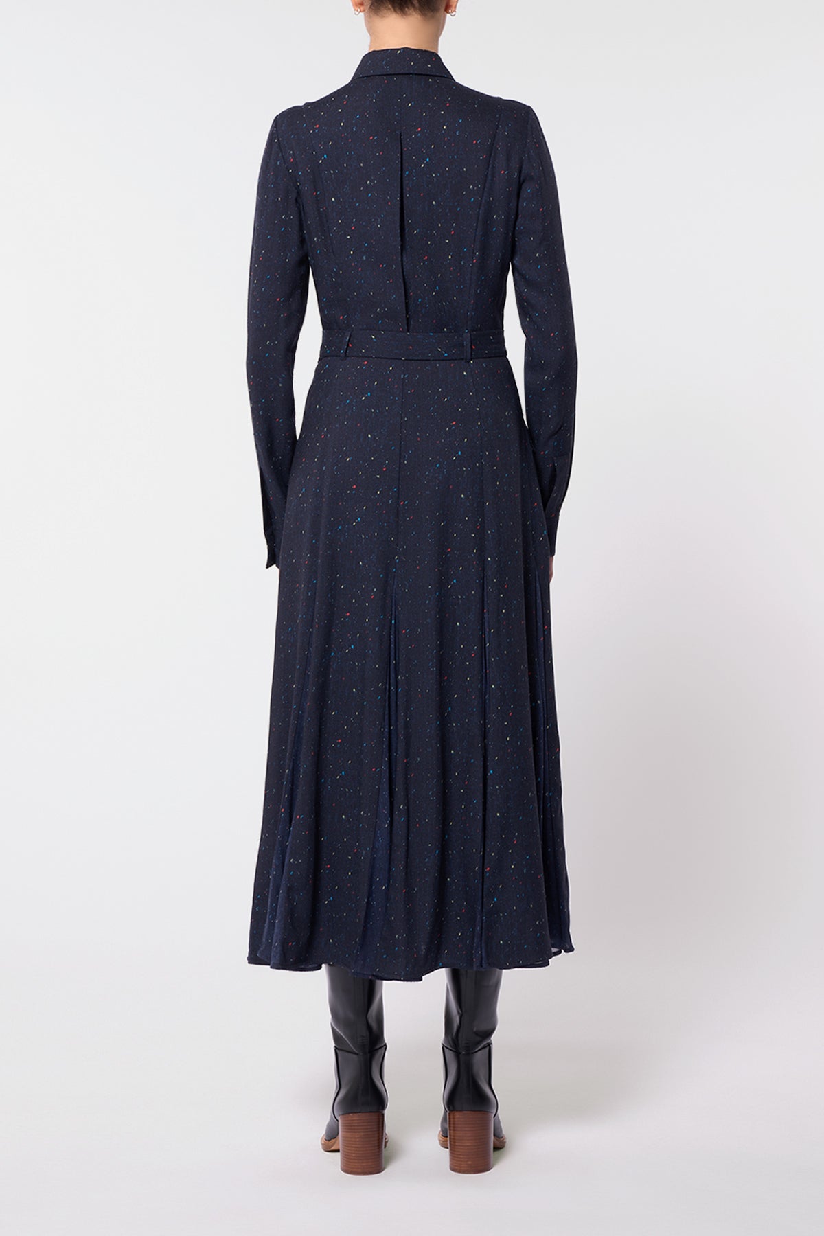 Meyer Pleated Shirtdress in Dark Navy Multi Printed Wool