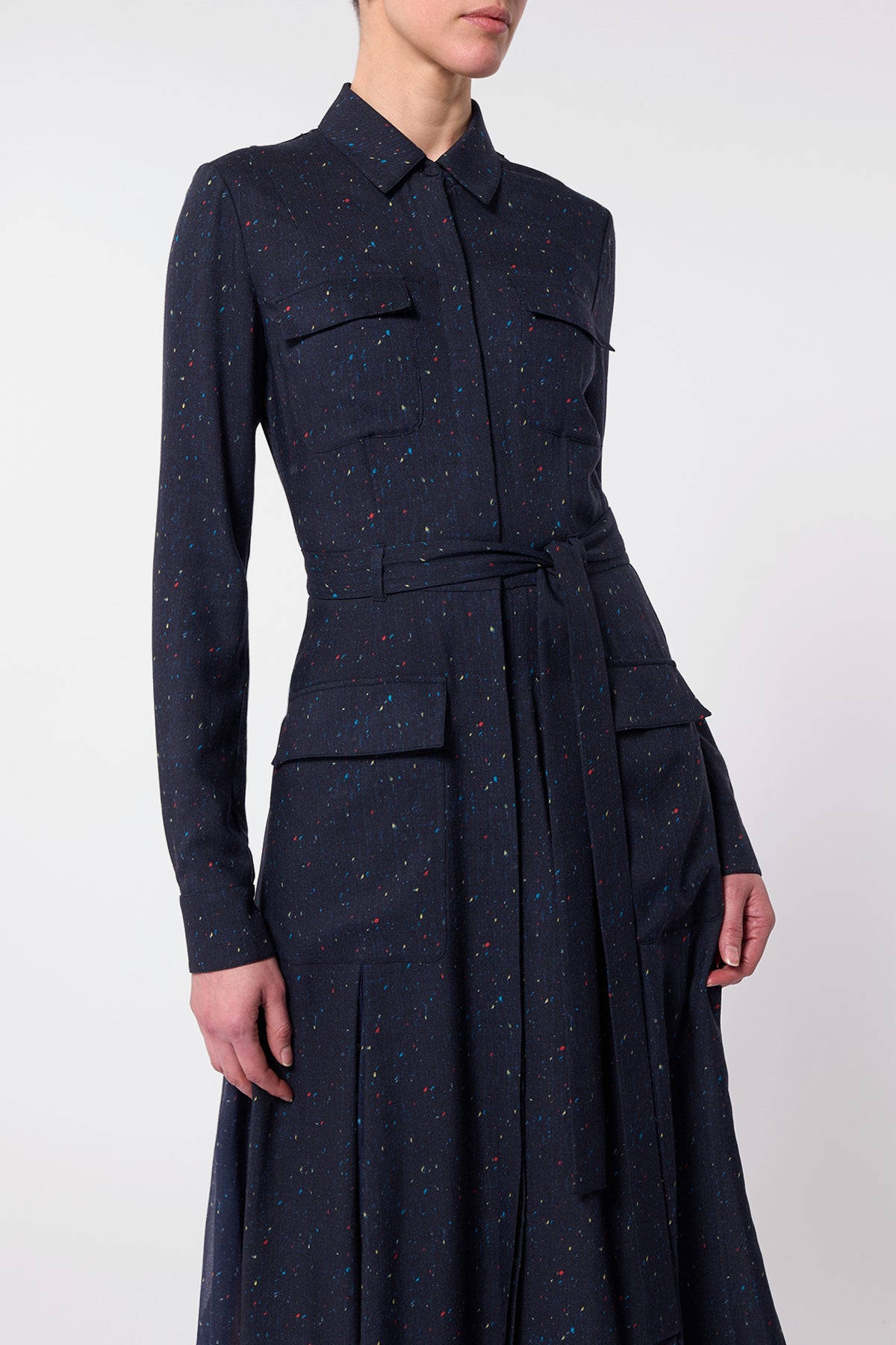 Meyer Pleated Shirtdress in Dark Navy Multi Printed Wool