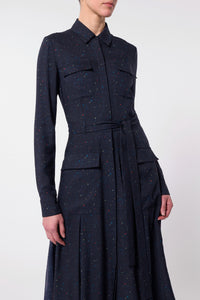 Meyer Pleated Maxi Shirtdress in Dark Navy Multi Printed Wool