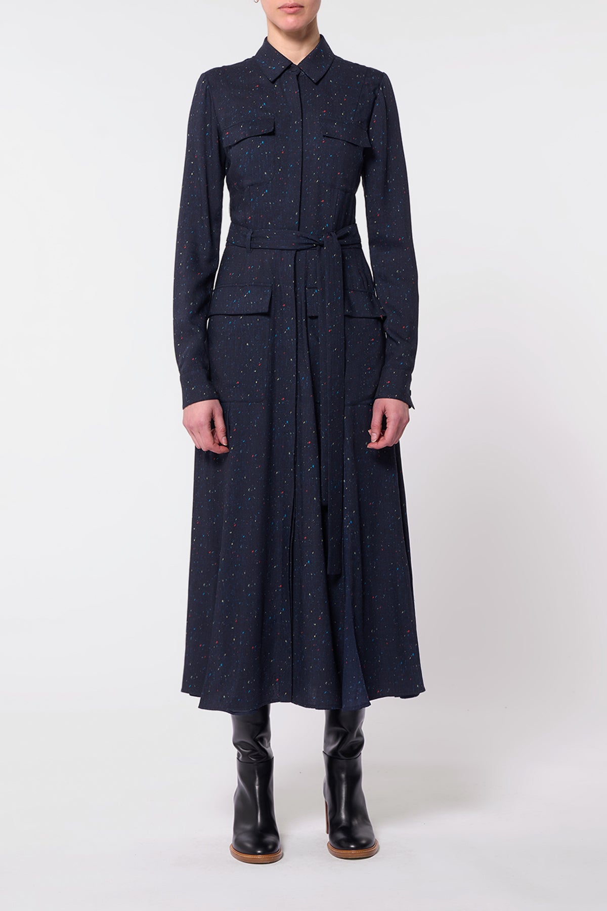 Meyer Pleated Maxi Shirtdress in Dark Navy Multi Printed Wool