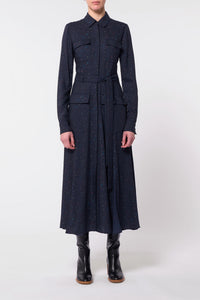 Meyer Pleated Shirtdress in Dark Navy Multi Printed Wool