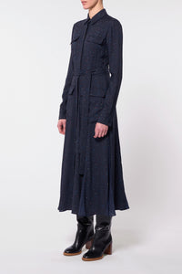 Meyer Pleated Shirtdress in Dark Navy Multi Printed Wool