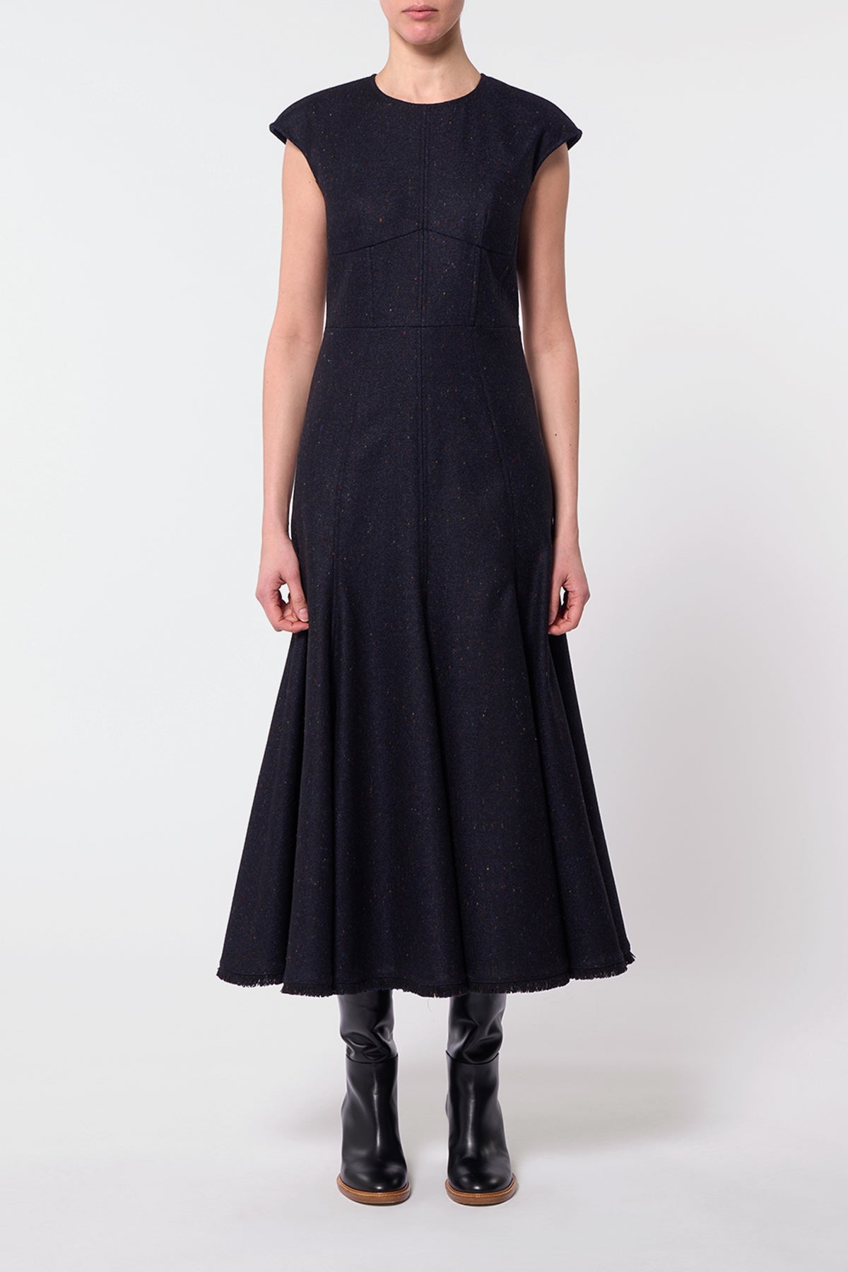 Crowther Midi Dress in Dark Navy Multi Virgin Wool Tweed