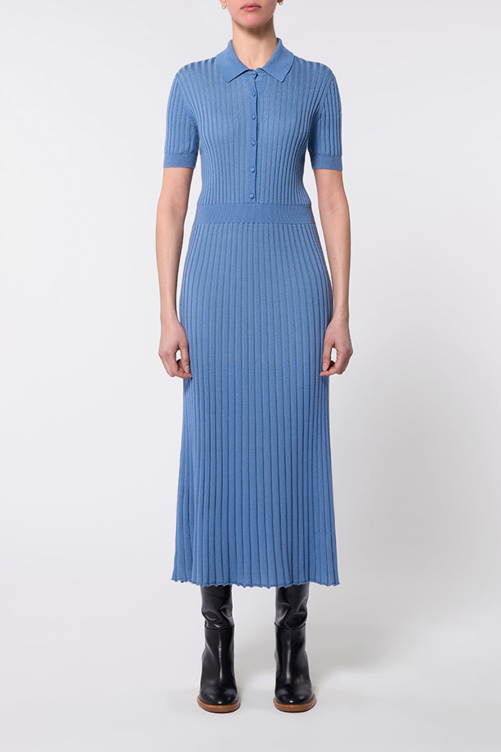 Amor Knit Midi Dress in Light Blue Denim Cashmere Silk