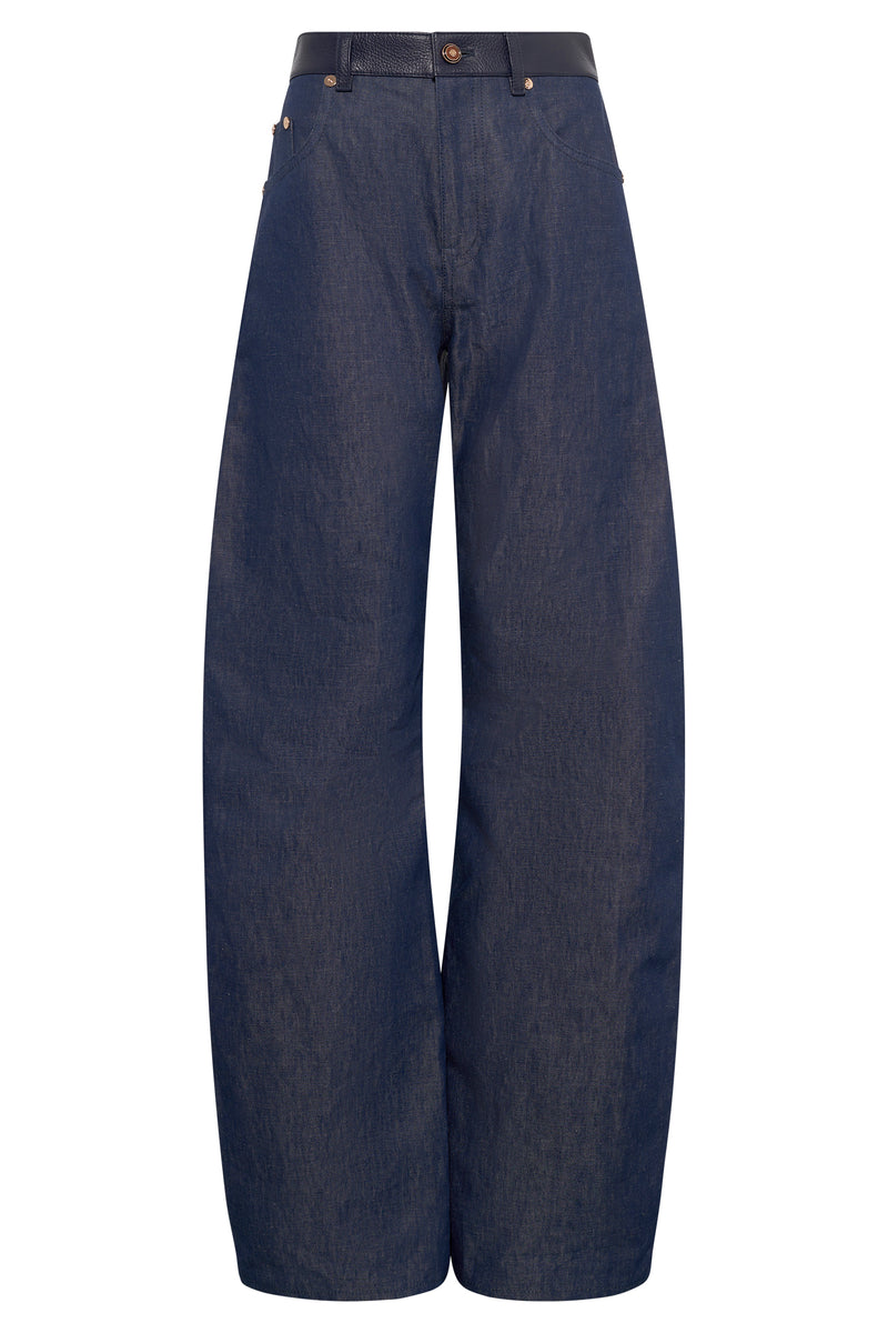 Indigo Blue Recycled Cotton Linen Denim Lucian Barrel-leg Jeans - Front View | Gabriela Hearst
