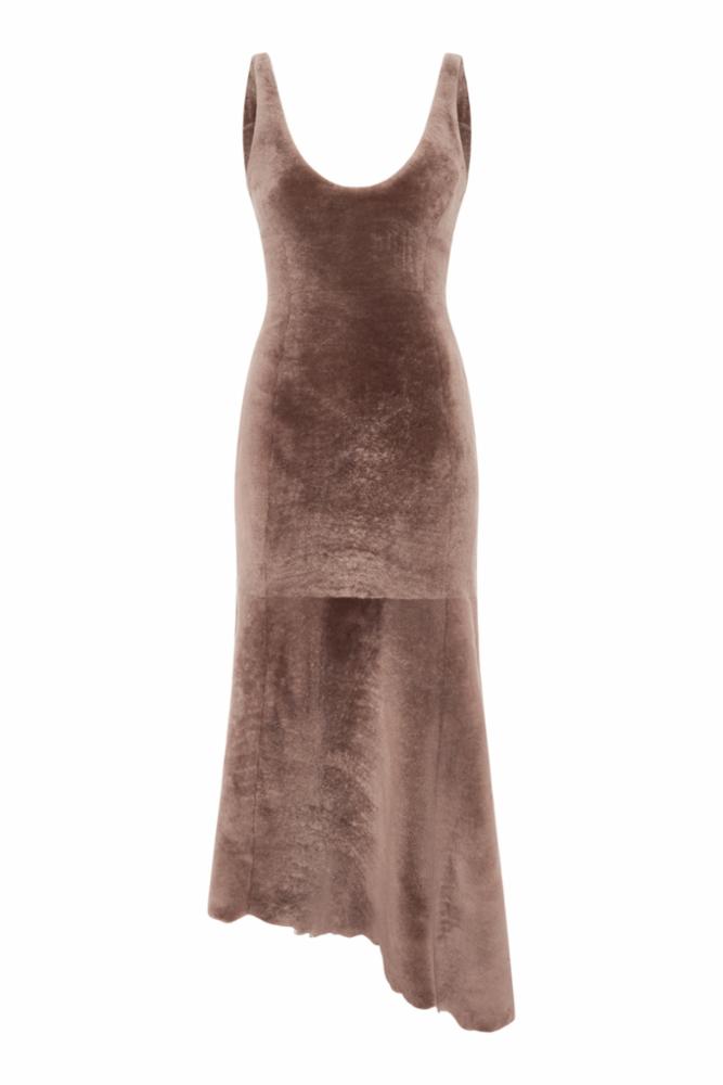 Lyth Raw Cut Dress in Mocha Shearling