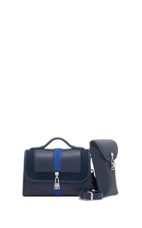 Small Leonora Flap Embroidered Bag in Electric Navy & Cobalt Nappa Leather