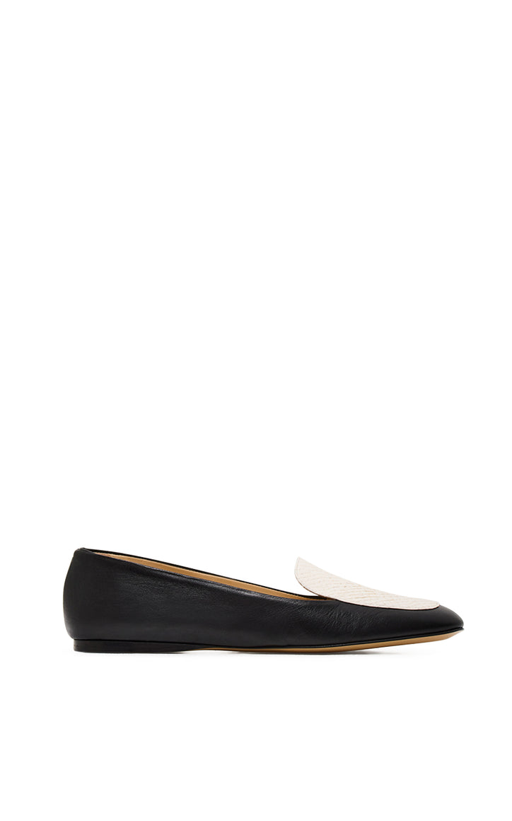 Aveda Flat Loafer in Black & Ivory Leather & Snakeskin