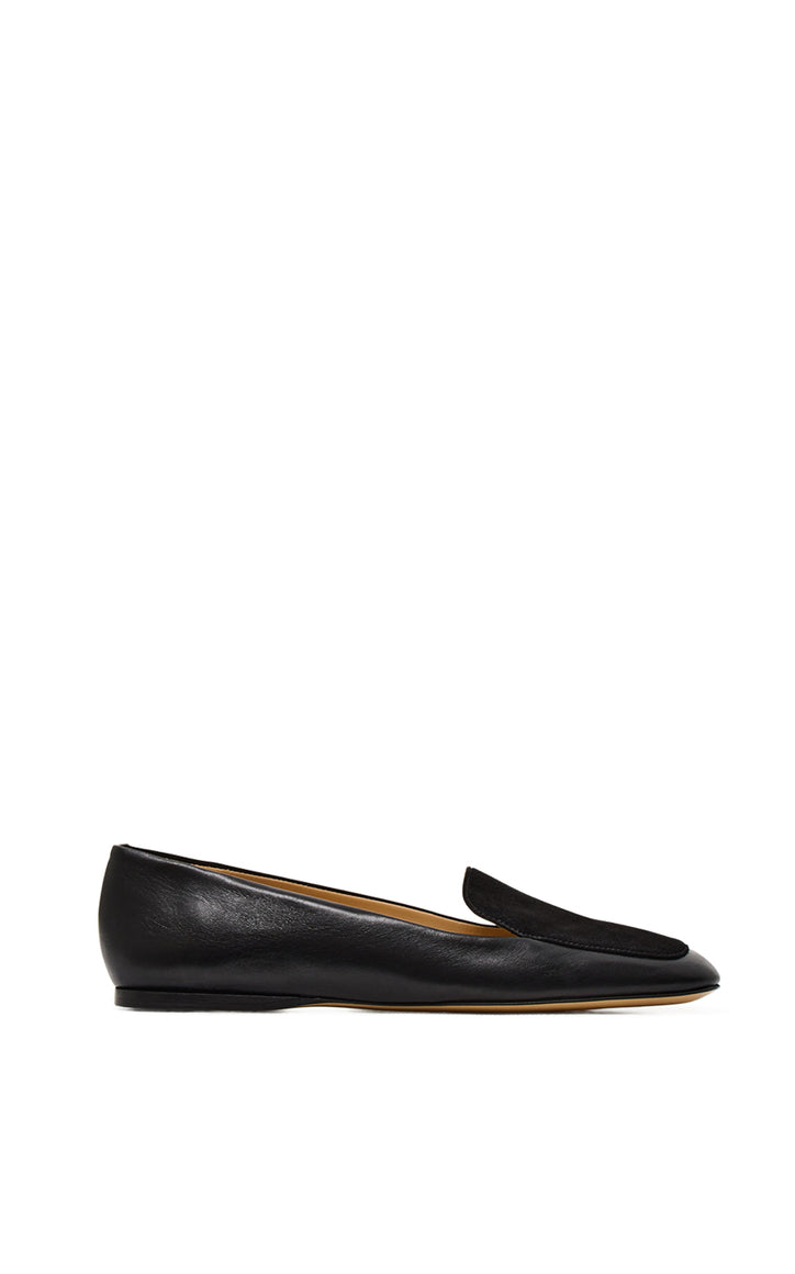 Aveda Flat Loafer in Black Leather & Suede