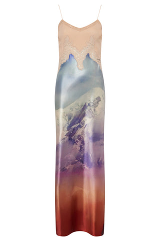 Adolphine Slip Maxi Dress in Mountain Printed Satin Silk Twill