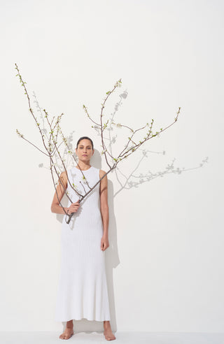 Ivory Ribbed Knit Midi Dress - On Model with Botanical Styling | Gabriela Hearst