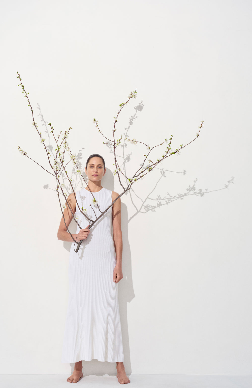 アイボリーメリノウールカシミアのマイヤーニットミディドレス