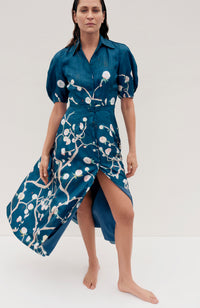 Maude Pleated Midi Shirtdress in Blue Multi Printed Silk Twill