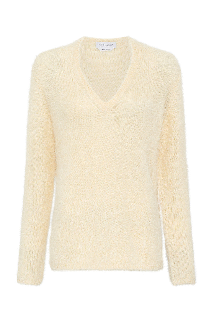 Neoma Knit V-Neck Sweater in Off White Silk Cashmere