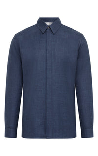 Nicolas Shirt in Denim Virgin Wool Silk with Linen