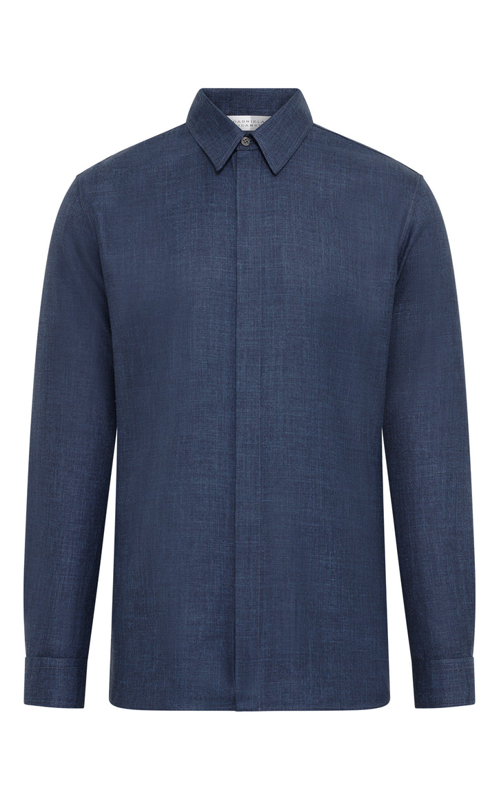 Nicolas Shirt in Denim Virgin Wool Silk with Linen