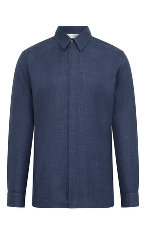 Nicolas Shirt in Denim Virgin Wool Silk with Linen