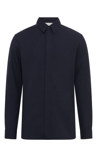 Dark Navy Virgin Wool Nicolas Shirt - Front Flat Lay | Gabriela Hearst