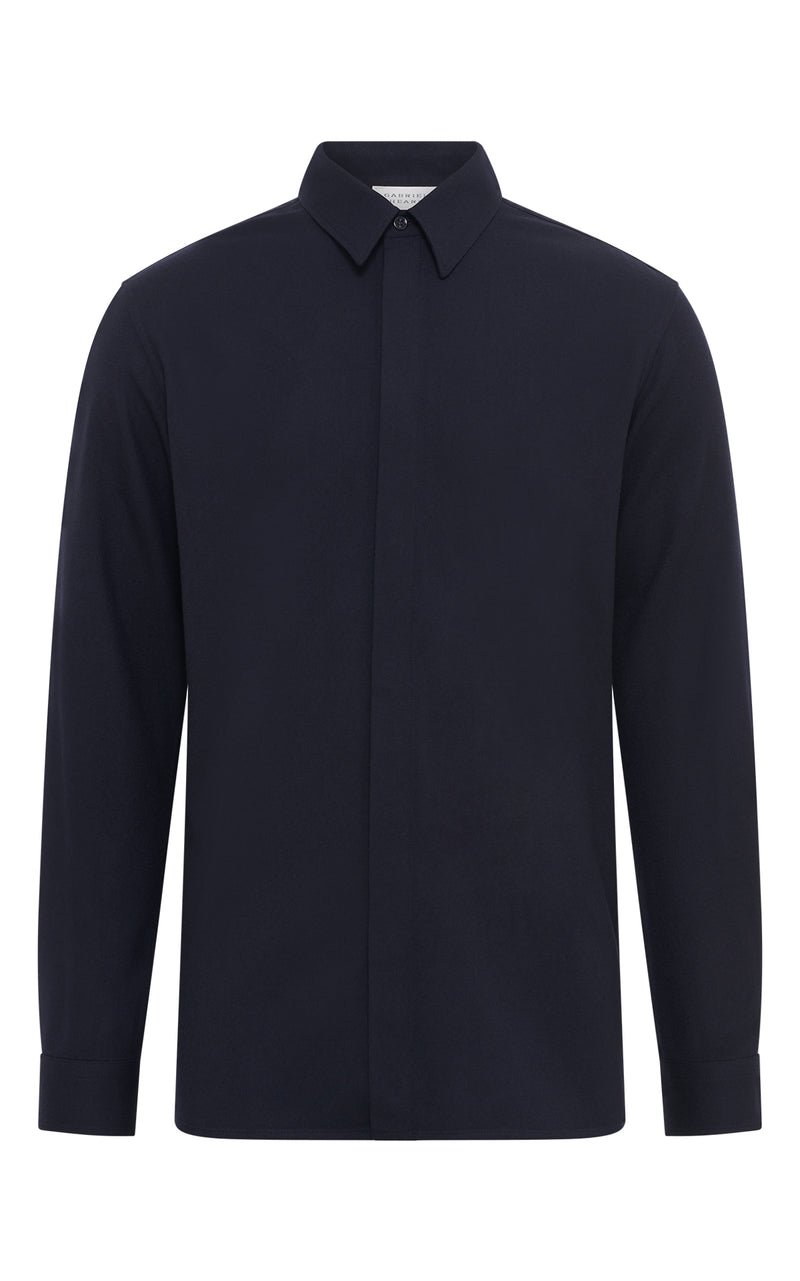 Dark Navy Virgin Wool Nicolas Shirt - Front Flat Lay | Gabriela Hearst