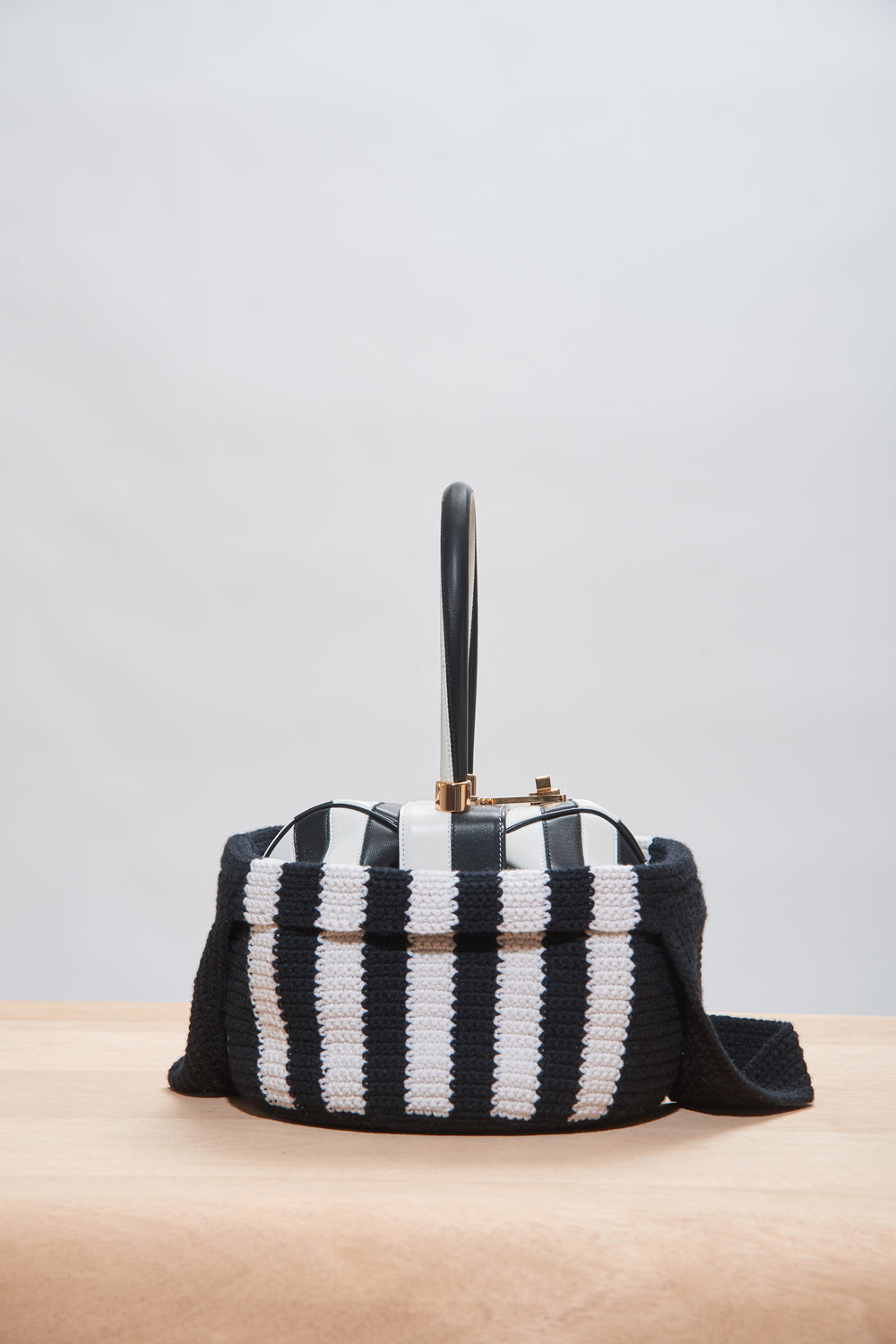 Crossover Knit Bag in Black & Ivory Cashmere
