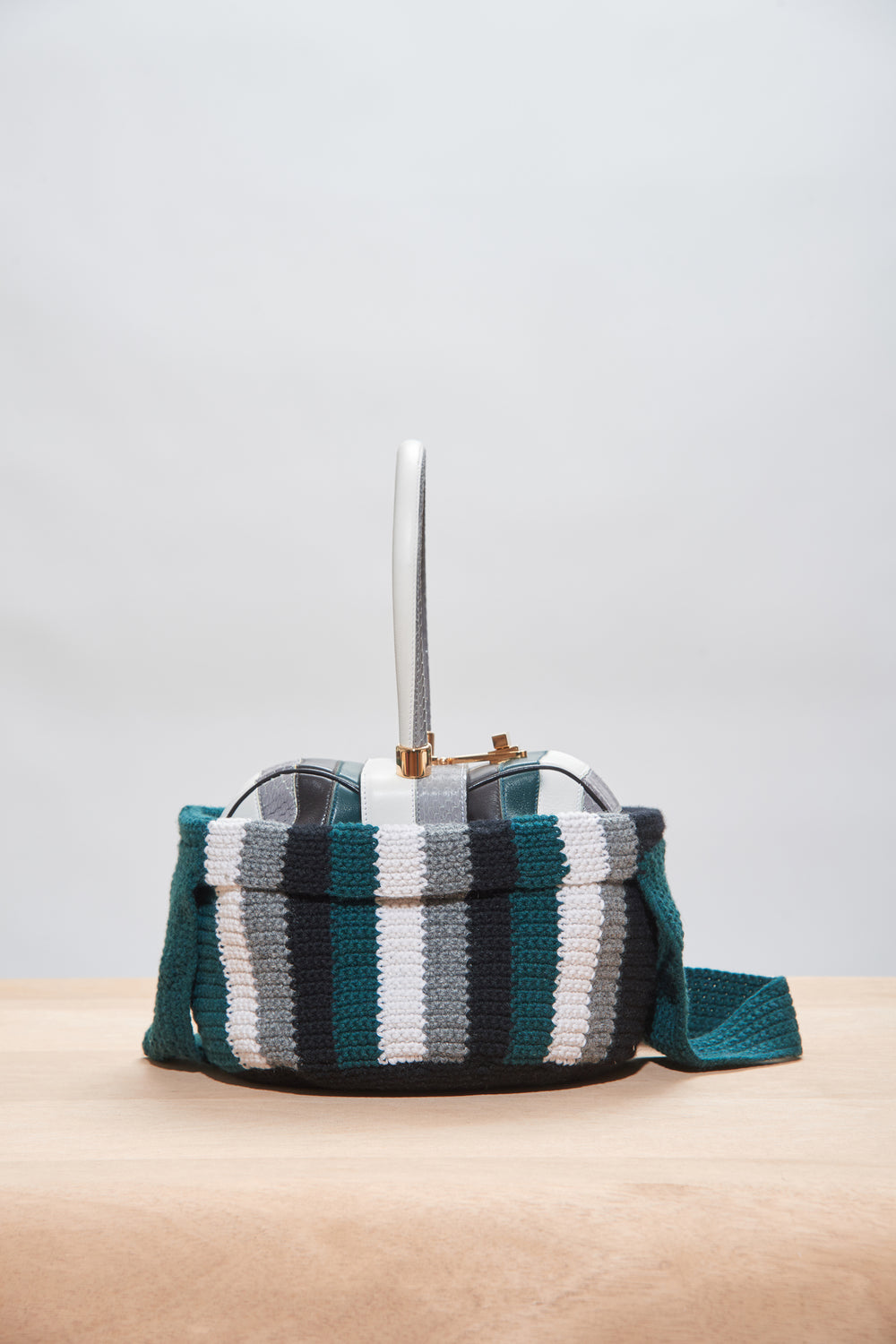 Crossover Knit Bag in Green, Ivory & Grey Cashmere