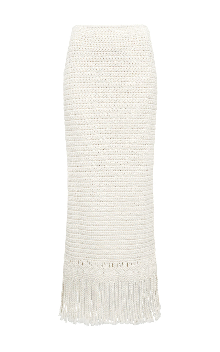 Macha Fringe Crochet Maxi Skirt in Ivory Cashmere