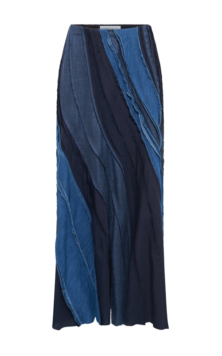 Elora Patchwork Midi Skirt in Medium Blue Recycled Cotton Linen Denim