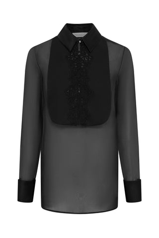 Black Silk Organza Oriana Blouse with Lace Bib - Front Product View | Gabriela Hearst